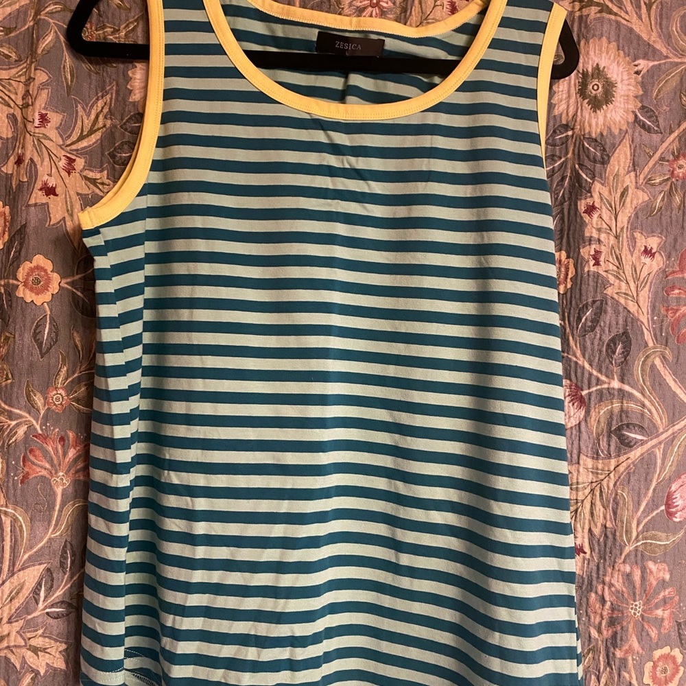 Zesica Teal & Light Teal Striped Tank with Yellow Trim